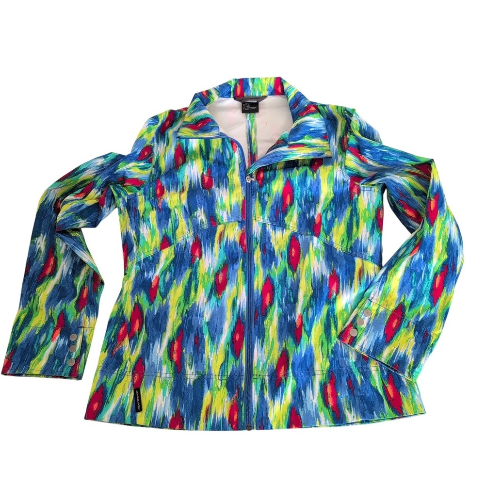 Obermeyer Womens Lightweight Zip Up Jacket Abstract Ikat Print Blue Green Large